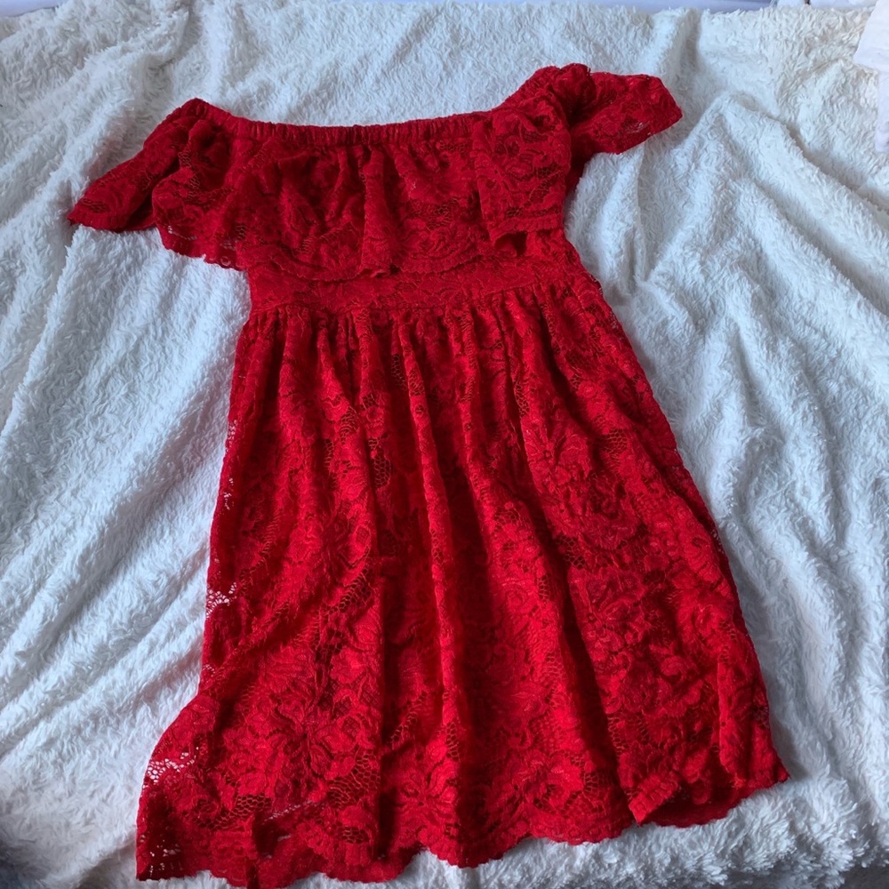 Red floral off the shoulder dress